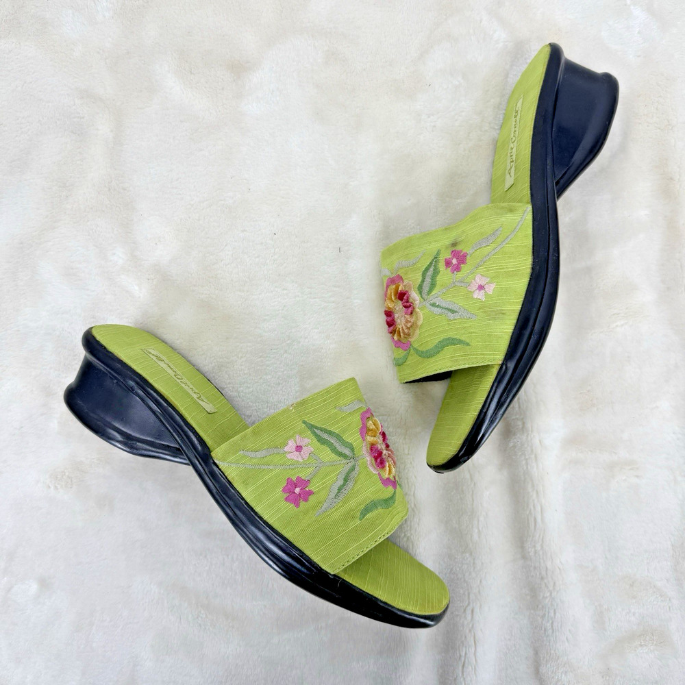 Vintage April Cornell Embroidered Floral Slide Sandals Size 38 Lime Citron Y2K